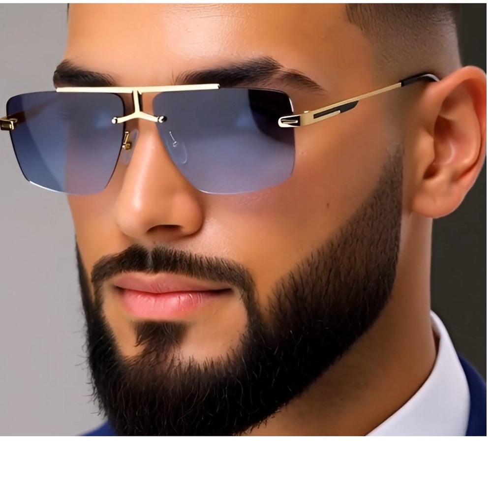 Rimless Sunglasses Men Square Navy Blue Lens Gold Frame Fashion Shades Lentes